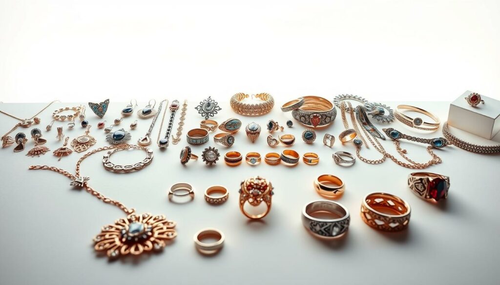 A breathtaking array of "Schmuckkollektionen" displayed on a sleek, minimalist white backdrop, bathed in warm, soft lighting that accentuates the intricate details and lustrous textures of the jewelry. The foreground features an exquisite selection of delicate necklaces, glistening earrings, and ornate bracelets, arranged in a visually captivating composition that showcases their unique designs and craftsmanship. In the middle ground, a curated assortment of rings in various styles and materials, from delicate filigree to bold, geometric shapes, hints at the diversity of the "Schmuckkollektion." The background subtly fades into a crisp, clean white, allowing the jewelry to take center stage and captivate the viewer's attention, creating a sense of elegance and refinement that perfectly encapsulates the "Vielfalt der Schmucks."