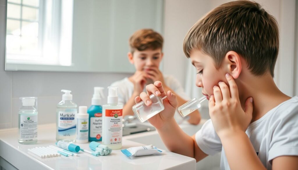 A clean, well-lit bathroom setting with a young person carefully cleaning and caring for their freshly pierced ears. In the foreground, hands gently clean the piercings with a saline solution, the gentle movements reflecting the care and attention needed during this sensitive healing process. The middle ground shows a variety of piercing aftercare products - cotton swabs, ointments, and antiseptic wipes - neatly arranged on a pristine countertop. The background features a mirror reflecting the person's concentrated expression, with natural light streaming in from a window, creating a serene, soothing atmosphere. The overall mood is one of attentiveness, responsibility, and a reverence for the proper steps to ensure a healthy, successful piercing experience.