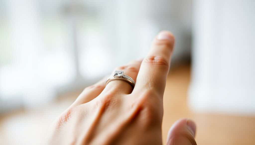 A close-up shot of a person's hand, with a wedding ring prominently displayed on the left ring finger. The ring should be centered in the frame, with a soft, natural lighting that accentuates the details of the band and the skin around it. The background should be blurred and out of focus, creating a sense of depth and emphasizing the ring as the main subject. The overall mood should be one of simplicity, elegance, and the significance of the wedding ring as a symbol of marriage.