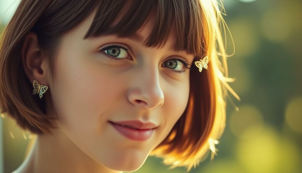 A close-up shot of a young woman's face, her short brown hair framing it delicately. Intricate butterfly-shaped earrings adorn her ears, their delicate wings catching the soft, warm lighting that bathes the scene. The woman's expression is one of whimsy and playfulness, her eyes sparkling with a hint of mischief. The background is blurred, allowing the earrings and her face to be the focal point, creating a sense of intimacy and charm. The overall tone is vibrant, youthful, and feminine, perfectly capturing the playful and stylish aesthetic of the "Butterfly Earrings and Short Hair" look.