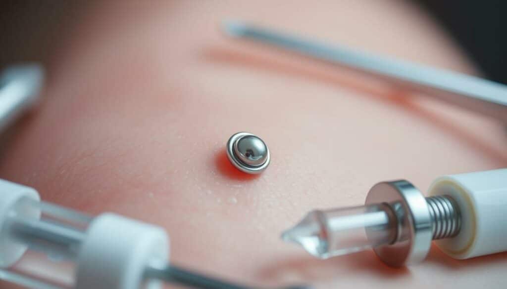 A close-up shot of freshly pierced skin, the piercing jewelry gleaming against the reddened, tender flesh. The image conveys a sense of care and attention, with a soft, diffused lighting that highlights the delicate details. The background is blurred, allowing the piercing to take center stage. The composition emphasizes the importance of proper aftercare, with the piercing situated in the middle ground, surrounded by the tools and products necessary for maintaining a healthy, healing piercing. The mood is one of calm and focus, reflecting the attention and diligence required when handling new piercings.