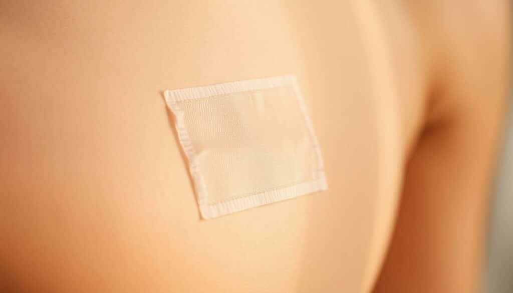 A close-up view of a transparent bandage, delicately adhered to soft, pale skin. The material appears sheer and flexible, designed to provide discreet coverage for sensitive areas. The lighting is diffused and gentle, casting a warm glow that enhances the natural tones of the skin. The bandage blends seamlessly, creating an almost imperceptible barrier that protects without drawing unwanted attention. This image conveys a sense of comfort, care, and the subtle solutions available for those with skin that requires special consideration during physical activity.