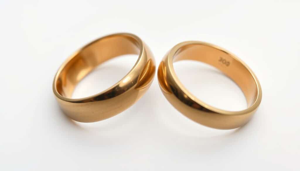 A close-up view of two gold rings against a clean, white background. The new ring gleams with a lustrous shine, while the used ring appears slightly more weathered and dull. A shallow depth of field creates a soft, blurred background, drawing the viewer's attention to the subtle weight differences between the two rings. Soft, diffused lighting from above casts gentle shadows, highlighting the three-dimensional form of the jewelry. The composition is balanced and symmetrical, allowing for a direct comparison of the rings' physical properties.