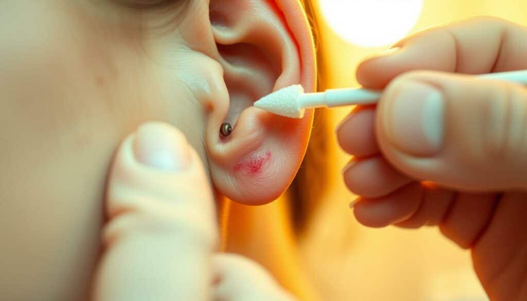 A closeup view of a pair of freshly pierced earlobes, meticulously cared for with a gentle hand and a clean, sterile environment. The skin around the piercings appears slightly reddened, indicating new, delicate tissue. A soothing, fragrant antiseptic solution is being gently applied using a cotton swab, ensuring proper aftercare. The background is a softly lit, neutral-toned space, allowing the focus to remain on the subject. The lighting is warm and diffused, casting a subtle glow and highlighting the intricate details of the healing process. The overall mood is one of care, attention, and the beauty of self-expression through body modification.