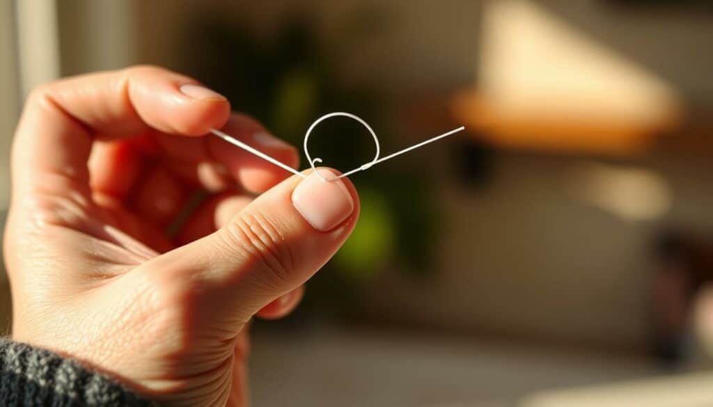 A closeup view of a person's hand carefully manipulating a length of dental floss, the thin white thread gently looping and twisting around their fingers as they demonstrate the "Zahnseide Technik" for removing a ring stuck on their finger. The scene is sharply in focus, with warm natural lighting casting soft shadows, creating a soothing, instructional atmosphere. The background is pleasantly blurred, keeping the viewer's attention on the intricate hand movements and the delicate floss technique.