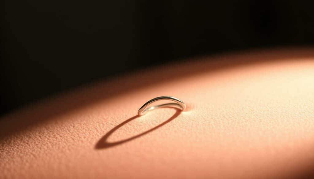 A delicate, sterling silver miniature ring resting on a soft, velvet surface. The band is slender and ornately detailed, with a subtly curving shape that gently hugs the smallest finger. Soft, diffused lighting from above casts a warm, almost ethereal glow, highlighting the ring's intricate metalwork and creating shadowy contours. The overall mood is one of understated elegance and the intimate, personal significance of this symbolic accessory. The composition draws the viewer's eye to the diminutive ring, inviting contemplation of its symbolic meaning and the cultural traditions it represents.