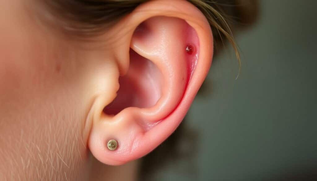 A detailed close-up of a human ear, with a focus on the earlobes and the earring holes. The skin around the earlobes is slightly reddened and inflamed, indicating irritation. The earring holes are visible, appearing slightly enlarged and discolored, suggesting a buildup of wax, oil, and bacteria. The lighting is soft and natural, accentuating the textural details of the skin. The background is blurred and out of focus, keeping the attention on the specific problem area. The overall mood is one of concern and the need for a natural, home-based solution to the issue of smelly earring holes.