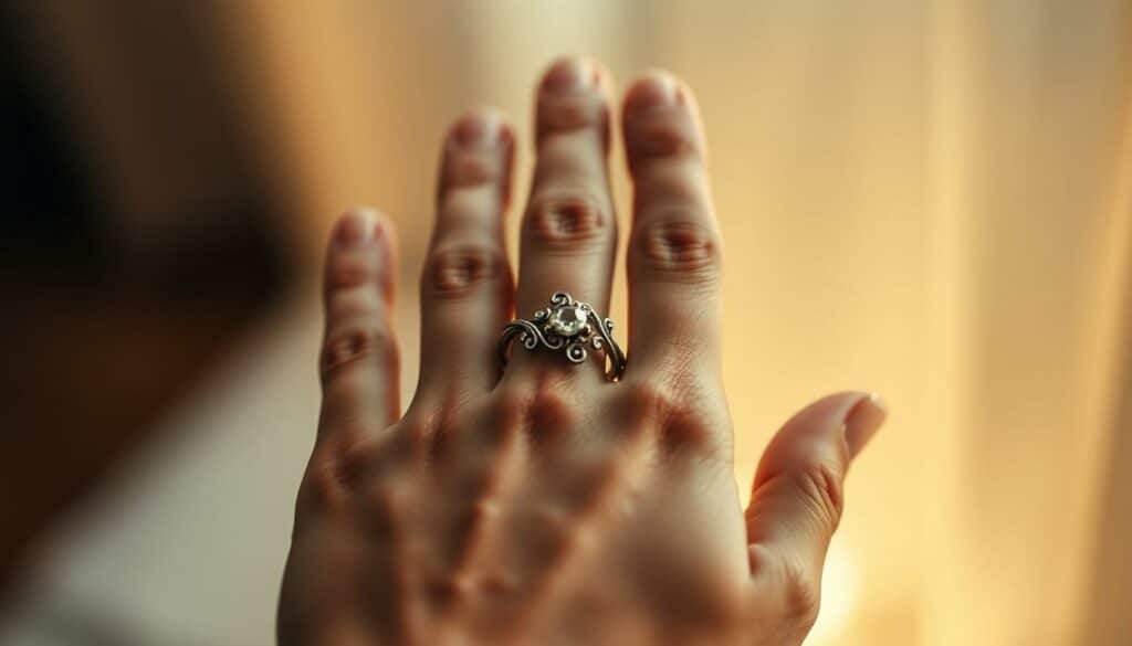 A detailed close-up of a single hand, palm facing up, showcasing a delicate, ornate ring resting on the ringfinger. The ring features intricate metalwork, with elegant swirling patterns and a glistening gemstone at the center. The lighting is soft and diffused, creating a warm, intimate atmosphere that highlights the ring's intricate details. The background is blurred, allowing the viewer to focus solely on the beauty and symbolic significance of the ring. The overall composition conveys a sense of quiet contemplation and the profound meaning associated with this traditional symbol of love and commitment.