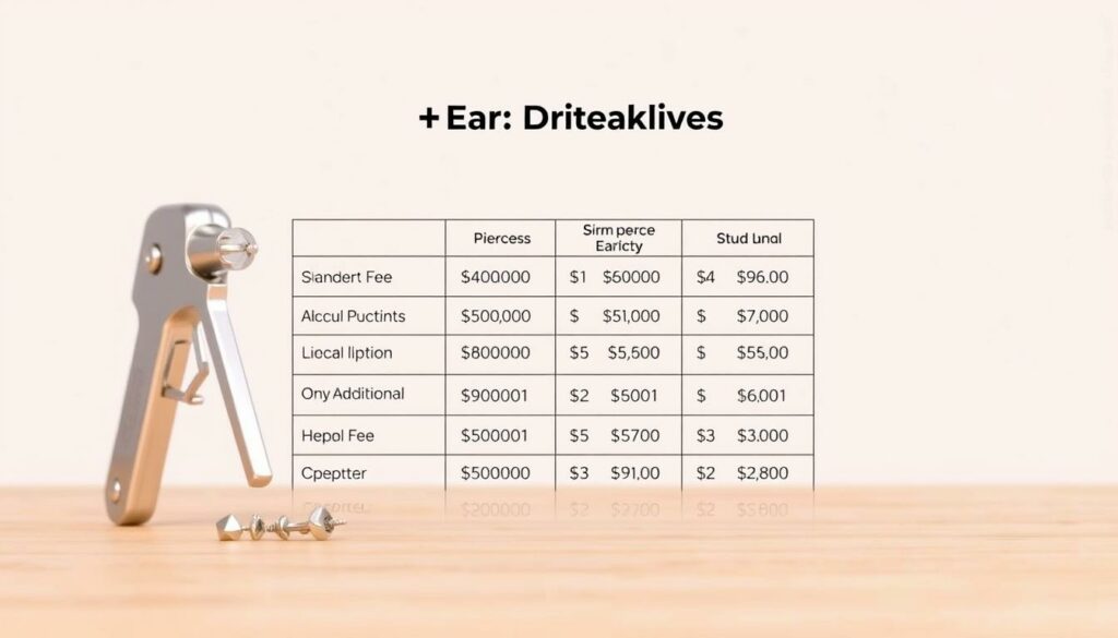 A detailed cost breakdown for the process of ear piercing, presented in a clean, professional layout. The foreground features a meticulously rendered image of standard earring studs and a piercing gun, conveying the core equipment involved. The middle ground showcases a neatly organized table or infographic outlining the various costs associated with the procedure, such as the piercer's fee, stud pricing, and any additional expenses. The background exhibits a minimalist, neutral-toned environment, allowing the cost information to take center stage. Soft, even lighting bathes the scene, creating a sense of clarity and accessibility. The overall mood is informative and pragmatic, suitable for inclusion in an educational article on the topic.