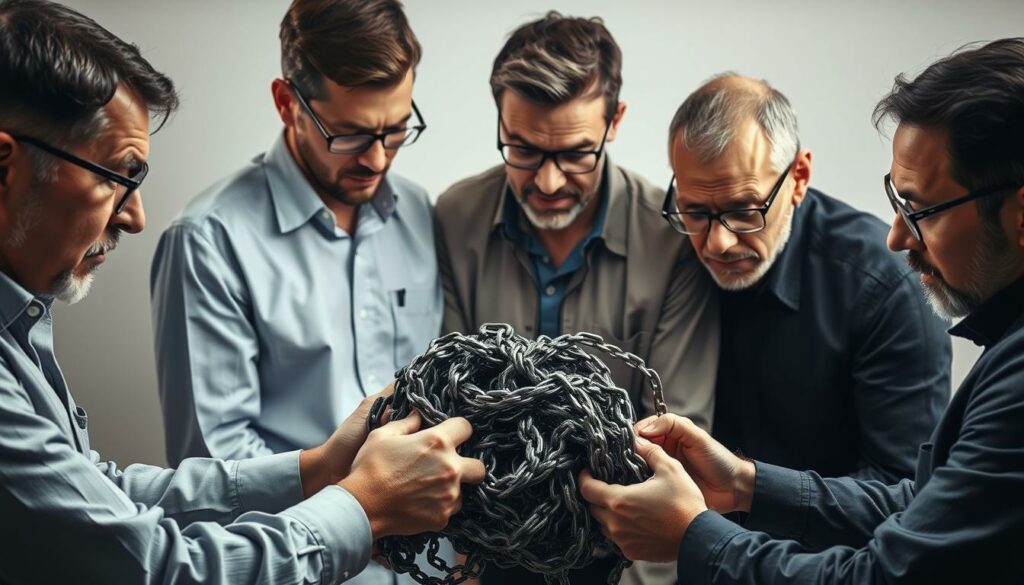 A group of earnest, bespectacled experts gathered around a tangled metal chain, meticulously examining it from various angles under soft, diffused lighting. Their expressions are pensive, as they carefully contemplate the best approach to untangling the intricate knot. The scene is set against a muted, neutral background, allowing the experts and their task to take center stage. The overall mood is one of thoughtful concentration, as these seasoned professionals apply their collective wisdom to solve the puzzle before them.
