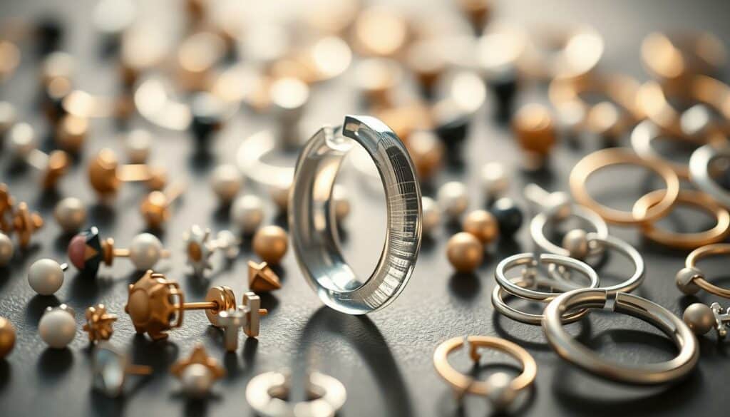 A high-quality close-up of a collection of stylish, safe jewelry alternatives to metal earrings. In the foreground, an assortment of delicate stud earrings and hoops made from hypoallergenic materials like surgical-grade silicone, plastic, or titanium. The middle ground features a single elegant glass or ceramic hoop earring, its translucent surface catching the gentle, diffused lighting. In the background, a blurred arrangement of similarly safe and chic earring options, creating a sense of abundance and variety. The overall composition conveys a mood of modern, minimalist sophistication, with a focus on the practical and fashionable solutions to the MRI safety concerns surrounding traditional metal earrings.