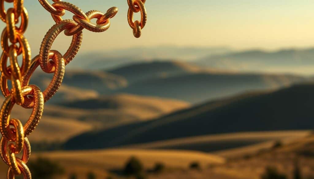 A lavishly crafted golden chain, its links shimmering with the luster of precious metals, dominates the frame. The intricate design exudes an air of opulence and timeless elegance, hinting at its extraordinary value. In the background, a serene landscape unfolds, with rolling hills and a soft, hazy sky, conveying a sense of tranquility and investment potential. Dramatic lighting casts dramatic shadows, accentuating the chain's sculptural qualities and its position as the centerpiece of this visually captivating scene. The overall composition evokes a sense of wealth, refinement, and the inherent value of this extraordinary, investment-worthy piece of jewelry.