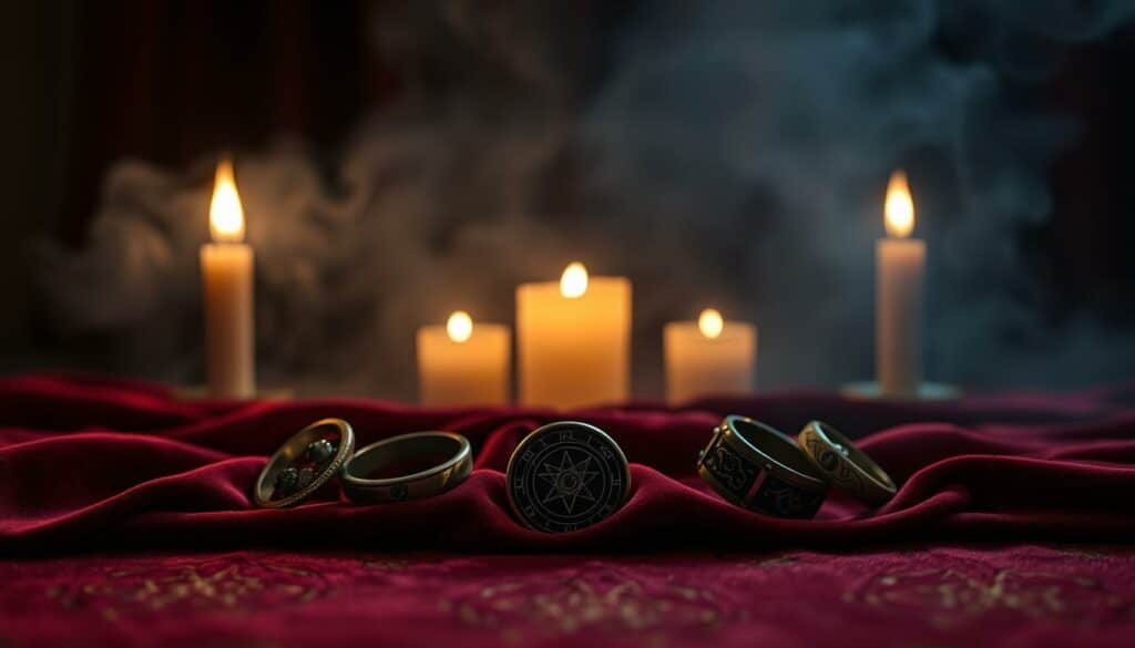 A mystical arrangement of astrological rings resting upon a velvet-clad surface, illuminated by the soft glow of candlelight. In the foreground, the rings are elegantly displayed, each adorned with intricate celestial symbols that hint at their cosmic significance. The middle ground features a dim, atmospheric backdrop, hinting at the esoteric nature of the subject matter. In the background, a subtle haze envelops the scene, creating a sense of depth and mystery. The overall composition conveys a palpable sense of ancient wisdom and occult connection, inviting the viewer to contemplate the deeper meanings behind the Astrologie Ringe.