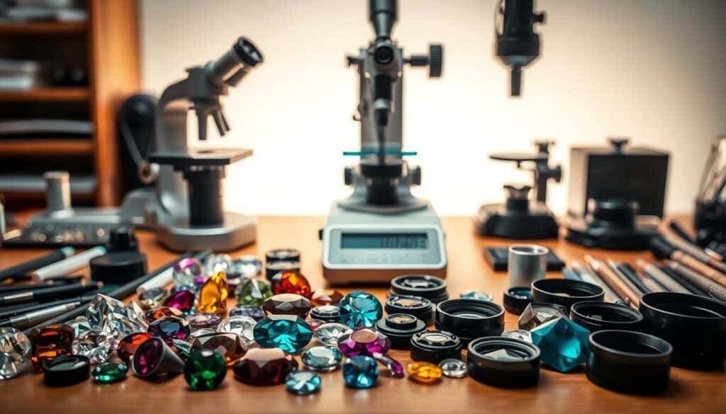 A professional gemmological workshop with an array of specialized tools and instruments arranged neatly on a wooden table. In the foreground, a collection of gemstones, lenses, and loupes, meticulously displayed. The middle ground features a precision scale, a refractometer, and other analytical devices used to assess the quality and authenticity of precious stones. The background is softly lit, creating a serene and focused atmosphere conducive to the detailed examination of gemstones. The overall composition emphasizes the importance of these tools in the practice of gemmology and the evaluation of genuine precious gems.