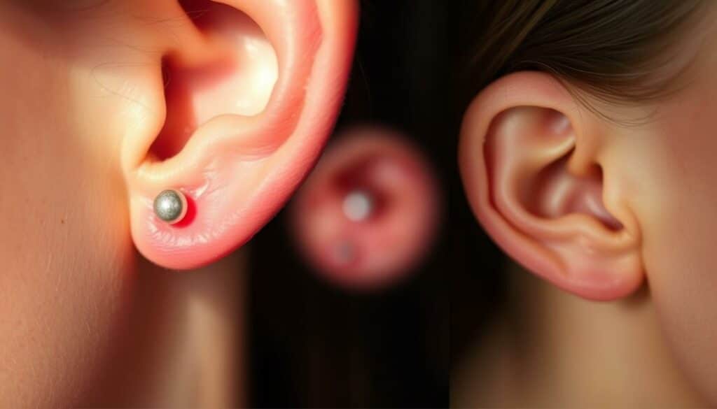 A serene, close-up view of the different stages of the ear's healing process after a fresh piercing. In the foreground, a delicate, reddened ear lobe with a new piercing, surrounded by a soft, hazy glow. In the middle ground, the same ear lobe a few days later, the inflammation subsiding and the skin starting to heal. In the background, the healed ear lobe, smooth and healthy, ready for the removal of the overnight earring. Warm, natural lighting illuminates the skin tones and textures, creating a sense of tranquility and the gradual progress of the piercing's recovery.