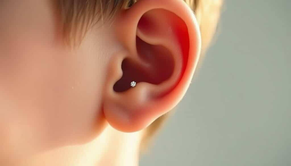 A serene, well-lit close-up of a young person's ear, the skin smooth and unblemished, with a tiny, sparkling stud subtly adorning the delicate lobe. The background is a soft, out-of-focus gradient, creating a sense of harmony and tranquility. The lighting is natural, warm, and diffused, accentuating the gentle curves of the ear and the subtle shine of the earring. The composition is centered and balanced, drawing the viewer's attention to the focal point of the earring and the optimal placement for a new piercing. The overall mood is one of calm contemplation, inviting the viewer to consider the right timing and approach for this personal milestone.