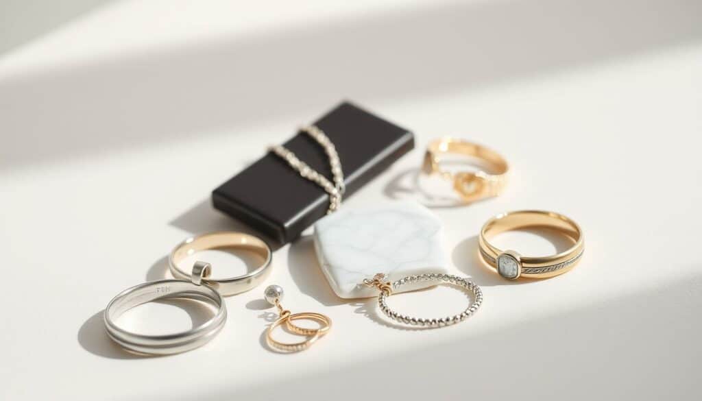 A still life arrangement of travel-friendly jewelry materials, including lightweight and durable alternatives to metal such as sterling silver and gold-filled pieces. Capturing the items in soft, diffused natural light against a neutral backdrop, showcasing their texture, shine, and versatility for the modern traveler. The composition highlights the practical considerations of packing jewelry for a trip, with a sense of simplicity and elegance to reflect the "Alternative Schmuckmaterialien für die Reise" theme.