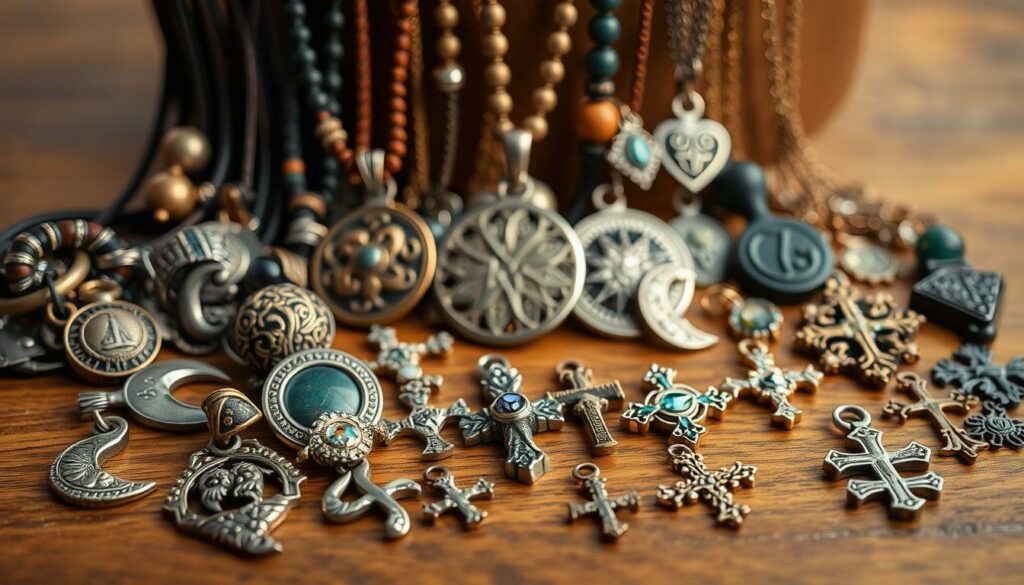 A still life composition showcasing a variety of pendant charms and amulets carefully arranged on a wooden surface. The foreground features an assortment of intricate metal pendants in various shapes and designs, such as symbolic crescent moons, ornate crosses, and polished gemstone-encrusted pieces. The middle ground includes a mix of leather, beaded, and chain necklaces, each with a distinctive pendant that tells a personal story or represents a meaningful symbol. The background is softly lit, creating a warm and intimate atmosphere that invites the viewer to closely examine the individual pieces and imagine the narratives they might hold. The overall composition evokes a sense of thoughtful curation and personal expression through these symbolic ornaments.