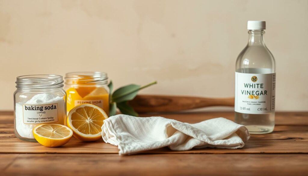 A still life scene of natural jewelry cleaning products on a wooden surface. In the foreground, an assortment of natural ingredients like baking soda, lemon slices, and white vinegar in glass jars. In the middle ground, a delicate pair of earrings being gently cleaned with a soft cloth. The background features a soothing, neutral-toned wall, creating a calm, inviting atmosphere. Warm, diffused lighting from an unseen source casts a gentle glow, highlighting the organic textures and colors. The composition is balanced and visually appealing, conveying the simplicity and effectiveness of using natural household items to maintain jewelry.