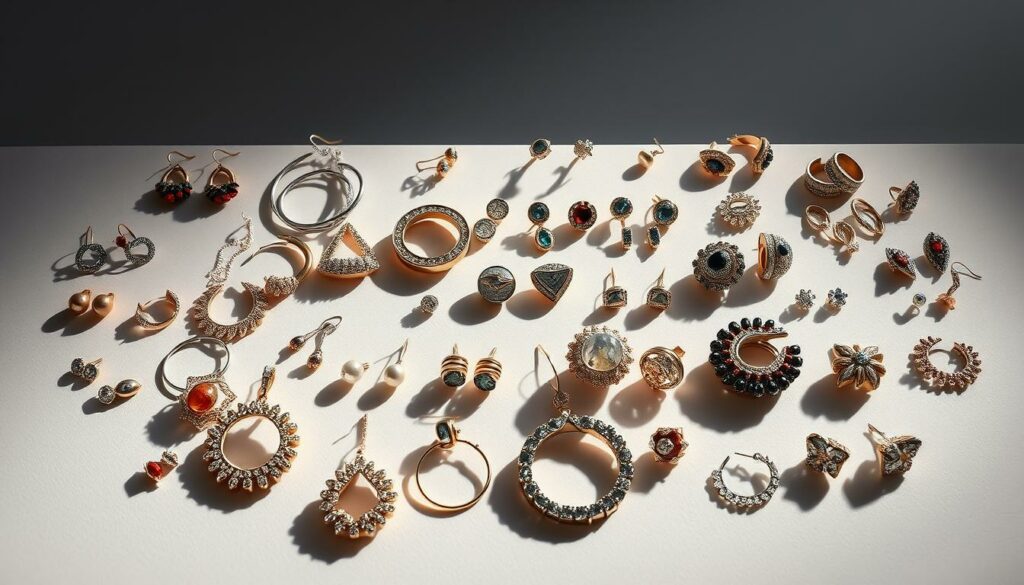 A visually captivating still life composition showcasing the latest earring trends for 2025. Meticulously arranged on a sleek, minimalist backdrop, a diverse array of earrings in various shapes, sizes, and materials - from delicate hoops and studs to bold, statement-making designs. Dramatic studio lighting casts dramatic shadows, highlighting the intricate details and textures of the jewelry. The overall mood is sophisticated, elegant, and aspirational, capturing the essence of modern, fashion-forward accessorizing.