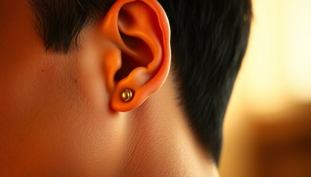 A well-lit close-up photograph of a male ear, showcasing a single earring on the left side. The lighting is warm and natural, illuminating the intricate details of the ear's structure and the gleaming metallic hue of the earring. The image is captured at a slightly elevated angle, providing a clear and unobstructed view of the earring's placement. The background is softly blurred, keeping the focus entirely on the subject and creating a sense of depth and dimension. The overall mood is one of confidence and personal style, highlighting the earring as a deliberate fashion choice.