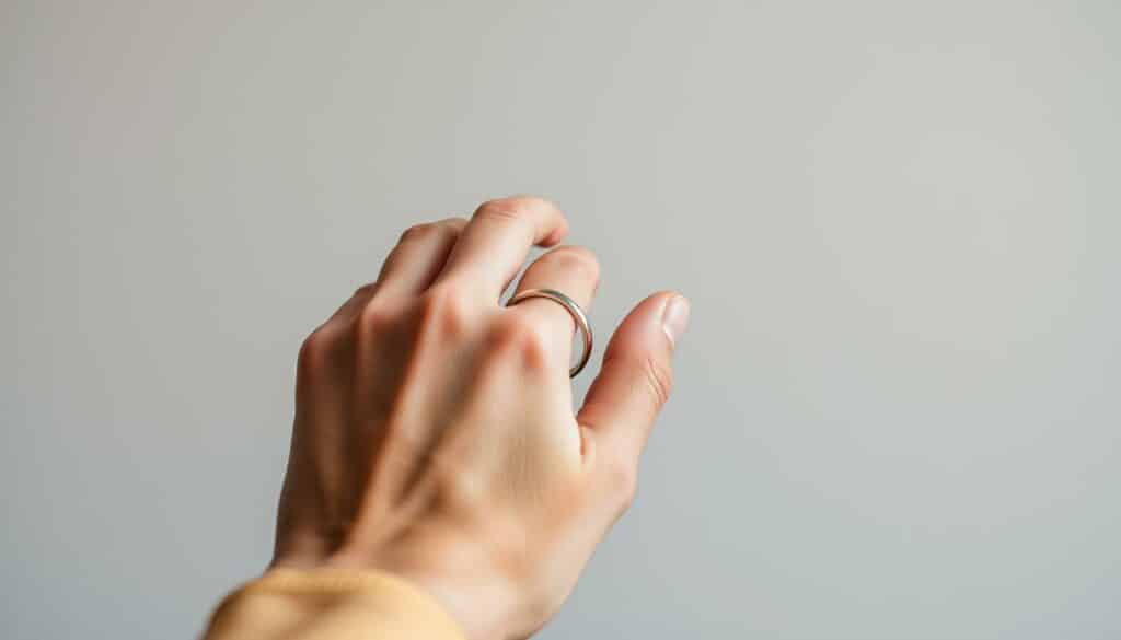 A well-lit, close-up shot of a person's hand gently holding a metal ring against a plain, neutral-colored background. The ring is centered in the frame, with the focus on the hand and the ring's details. The lighting is soft and even, accentuating the textures and creating a sense of warmth and intimacy. The angle is slightly angled to provide a clear view of the ring's size in relation to the hand. The composition is balanced and minimalist, allowing the viewer to concentrate on the act of measuring the ring size.