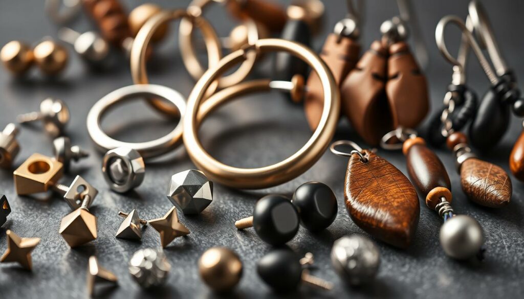 A well-lit close-up shot of an assortment of men's earrings, showcasing a variety of materials and styles. In the foreground, a selection of stud earrings in gold, silver, and titanium, some with simple geometric designs, others embellished with subtle patterns. In the middle ground, larger hoop earrings in brushed and polished finishes, ranging from thin wire to chunky, bold shapes. In the background, dangling earrings in leather, wood, and stone, each with a unique texture and aesthetic. The lighting is soft and flattering, highlighting the intricate details and casting gentle shadows to create depth and dimension. The overall mood is one of refined sophistication, inviting the viewer to consider the nuances of material choice when selecting the perfect pair of earrings.
