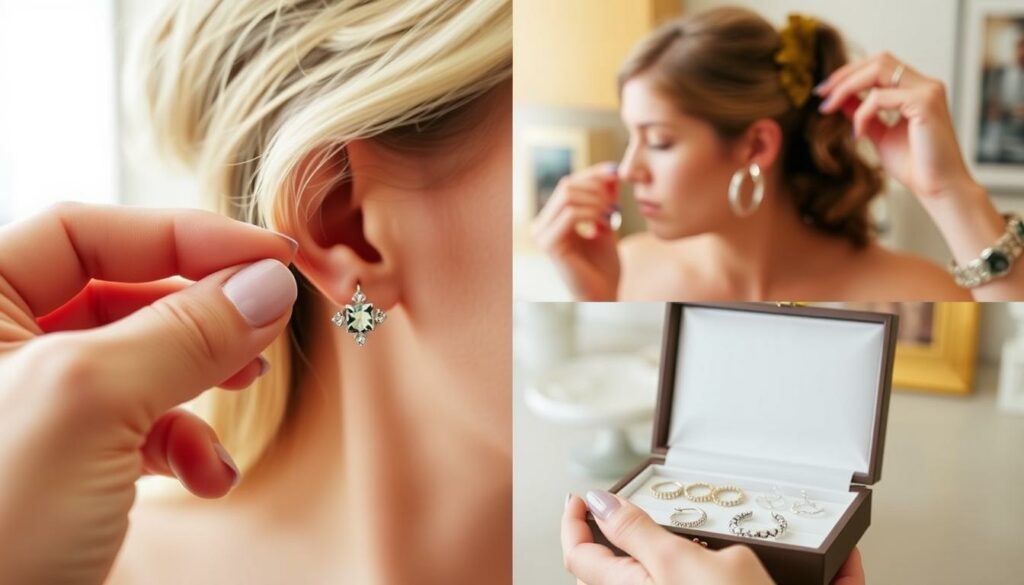 A well-lit, detailed scene showcasing common scenarios for changing earrings. In the foreground, a close-up of a woman's hand gently replacing a simple stud with a sparkling gemstone earring. In the middle ground, a woman admiring her new hoop earrings in a mirror, while in the background, a person preparing for a special occasion by carefully selecting unique, statement-making earrings from an open jewelry box. The image has a warm, inviting atmosphere, highlighting the personal and expressive nature of earring choice for different life events and occasions.
