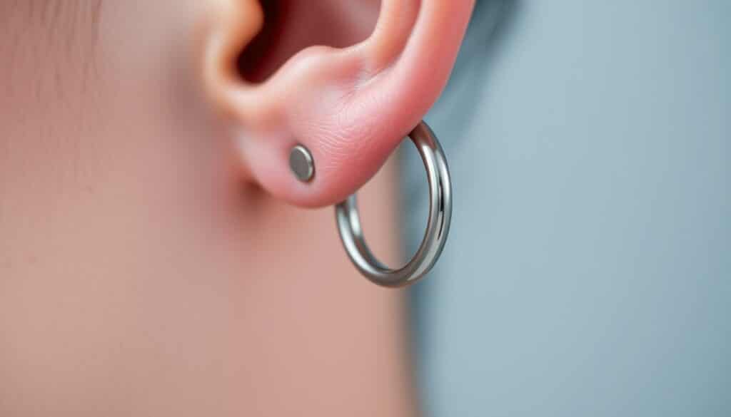 Detailed close-up of a pair of long-term medical earrings, worn by a person with pierced ears. The earrings are made of stainless steel or titanium, with a smooth, minimalist design. They are positioned in the center of the frame, against a softly blurred, neutral background. The lighting is soft and diffused, creating subtle shadows and highlights that accentuate the metallic finish. The angle is slightly tilted, providing a three-dimensional perspective that showcases the curved shape and dimension of the earrings. The overall mood is clinical, yet also serene and contemplative, reflecting the long-term, medical nature of the accessory.