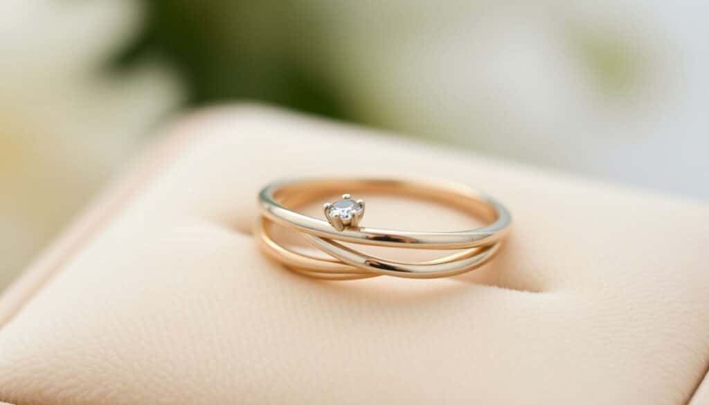 a close-up shot of a delicate promise ring, made of intertwined gold and silver bands, set with a small sparkling gemstone at the center. The ring is placed on a soft, velvet-like surface, perhaps a jewelry display cushion, creating a sense of elegance and preciousness. The lighting is soft and diffused, gently illuminating the intricate details of the ring's design. The background is blurred, allowing the promise ring to be the sole focus of the image, conveying its significance and symbolic meaning as an alternative to a traditional engagement ring.